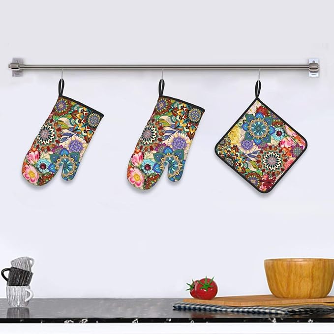 Boho Floral Oven Mitts and Pot Holders Sets of 3, Cute Baker Stuff | Heat Resistant Colorful Kitchen Gloves Hot Pads,Chef Cooking Gifts for Women Bakers,Kitchen Gifts for Baking Lover Cooks Mom