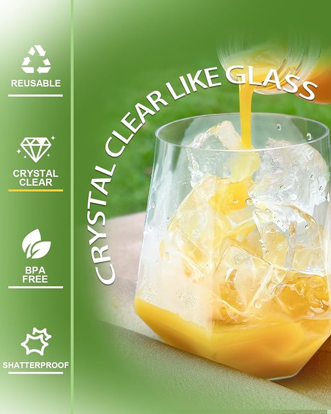 40 Pack Plastic Wine Glasses, 12 Oz Disposable Cocktail Whiskey Glasses | Clear Diamond Stemless Champagne Margarita Glasses, Unbreakable Reusable Plastic Party Cups for Wedding Birthday