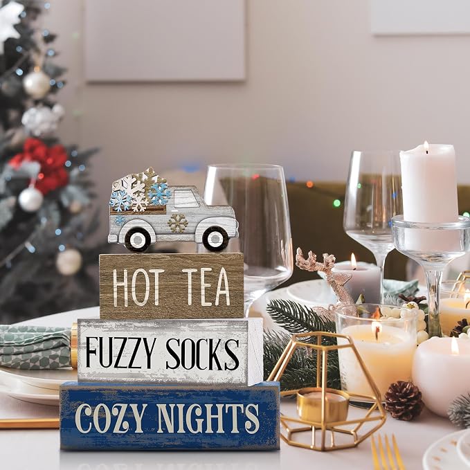 Lineshading 4 Pcs Snowflake Truck Tiered Tray Decor Wooden Block Signs | Rustic Farmhouse Style, HOT TEA FUZZY SOCKS COZY NIGHTS Text, Winter Seasonal Home Accents for Shelves Mantels Tabletops