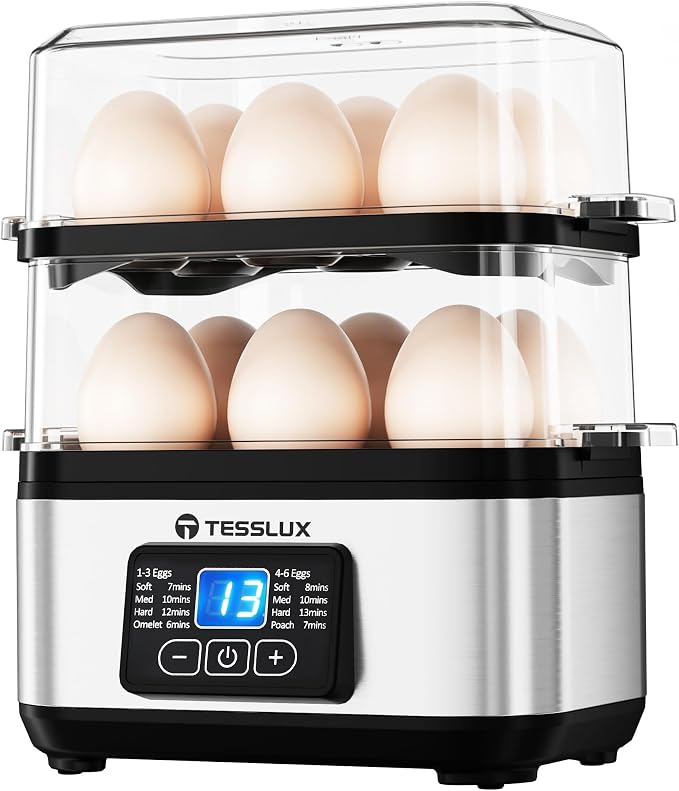 Tesslux Egg Cooker, Dual Layer 12 Egg Boiler, Soft Hard Poached, Silver | LED Countdown Timer, Touch Control, Poaching Bowl, Omelet Maker, Two Trays, Vegetable Steamer, Auto Shut-Off, Buzzer Alert