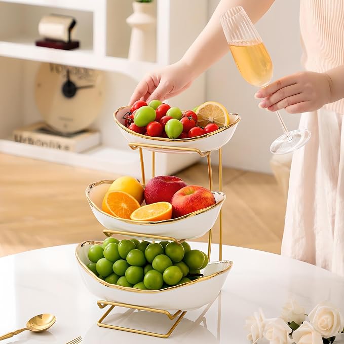 Gold Silver Fruit Bowl with Metal Stand, 3 Tier Ceramic White Fruit Bowl Fruit Rack for Kitchen Counter, Tiered Fruit Basket for Snacks Bread Candy Storage (White A (Smooth Surface))