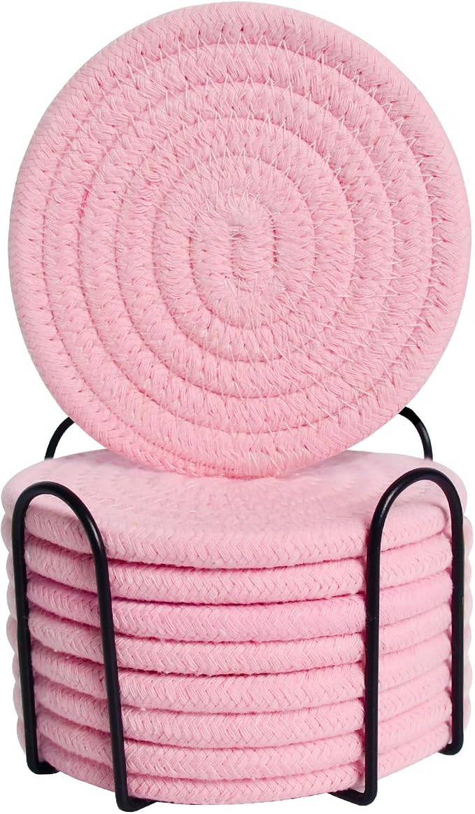 ABenkle 8 Pcs Drink Coasters with Holder, Cotton Woven Absorbent Coasters for Drinks, Minimalist Home Decor Coaster Set for Wooden Tabletop Protection Table, 4.3 inches Bright Pink