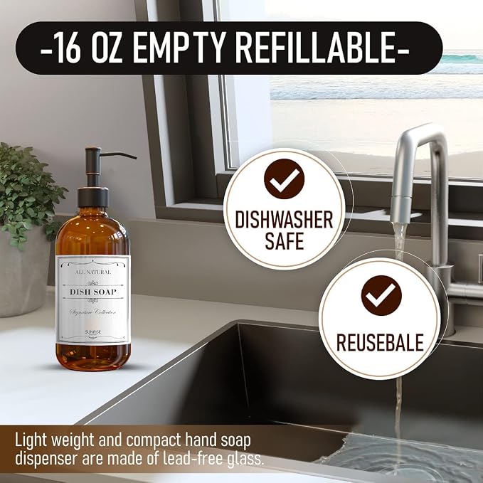 Amber Glass Soap Dispenser with Rubbed Bronze Pump, 16 oz | Amber Glass, Stainless Steel Pump Hand and Dish, Bathroom and Kitchen Sink, 6 Waterproof Labels, (Pack of 2)