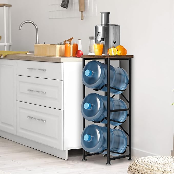 5 Gallon Water Jug Holder, 3-Tier Water Bottle Holder with Wood Top Shelf, Heavy Duty Water Cooler Jug Rack, Water Dispenser Storage Stand for Office and Living Room