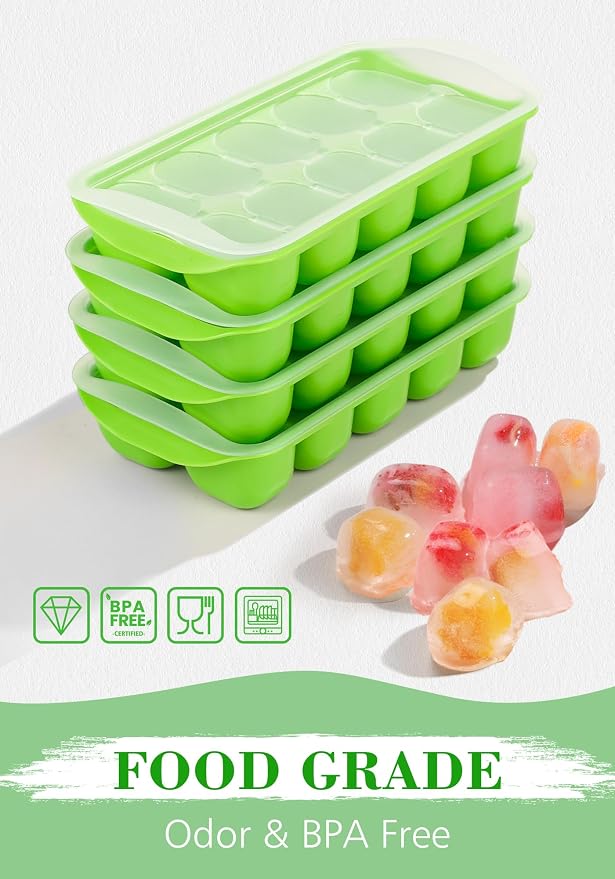 DOQAUS Ice Cube Tray with Lid and Bin, 4 Pack Ice Bucket Kits for RV | Stackable Silicone Ice Trays for Freezer, Easy Pop Out, BPA Free for Cocktail, Coffee, Soup, Food, Kitchen