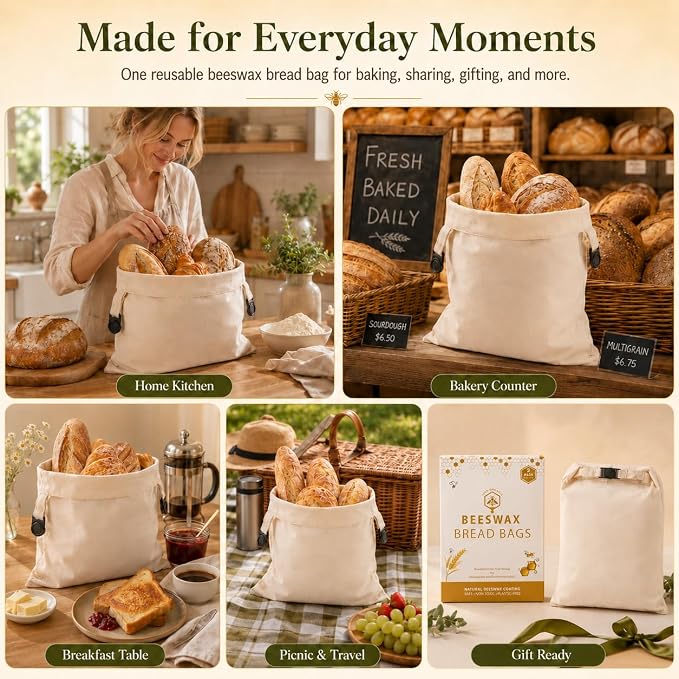 Beeswax Bread Bags Linen 2-Pack for Sourdough (13x17in): Longer Fresh | Stays Fresh Days Longer Reusable Linen with Natural Beeswax Coating Moisture Lock Eco-Friendly Daily Baking Travel & Gift