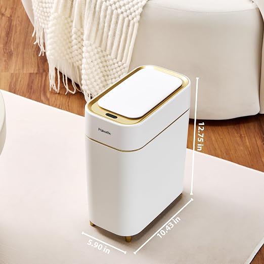 Pukomc Automatic Small Sensor Trash Can with Touchless Lid | 2.3 Gallon / 9L Smart Garbage Can, Quiet Close White Gold Waste Bin - Perfect for Kitchen, Living Room & Small Spaces