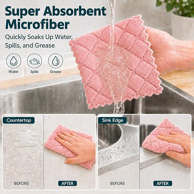 kimteny 12 Pack Dish Cloths for Washing Dishes | Super Absorbent Microfiber Kitchen Dish Rags, Fast Drying Coral Velvet Dish Cloths for Kitchen Counter and Dishes, Pink-Green
