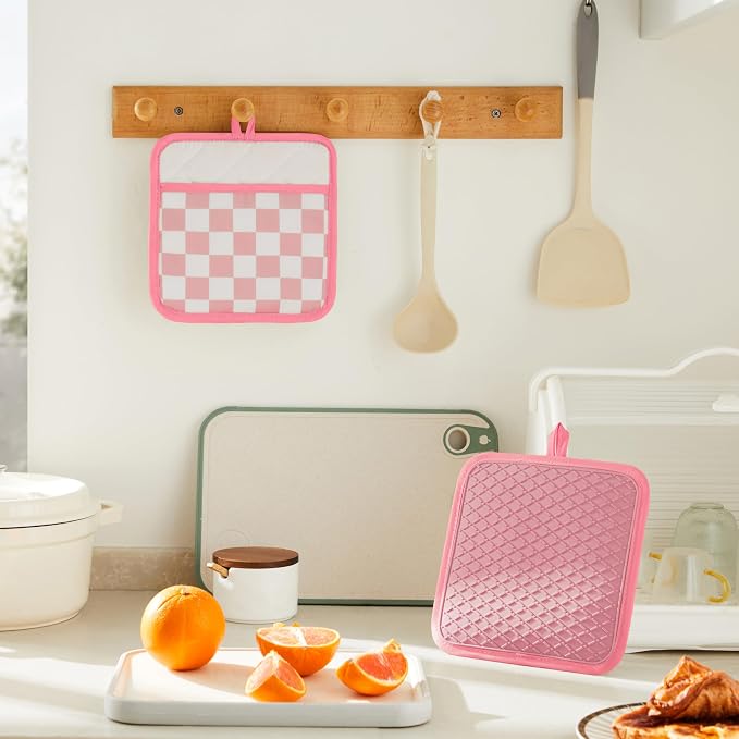 Ohocut Pink Checkered Pot Holder, Checkerboard Potholders for Kitchen, Silicone Pot Holders with Pocket for Kitchen Clearance 2 Pack Set, Hot Pads and Oven Mitts for Cooking Baking