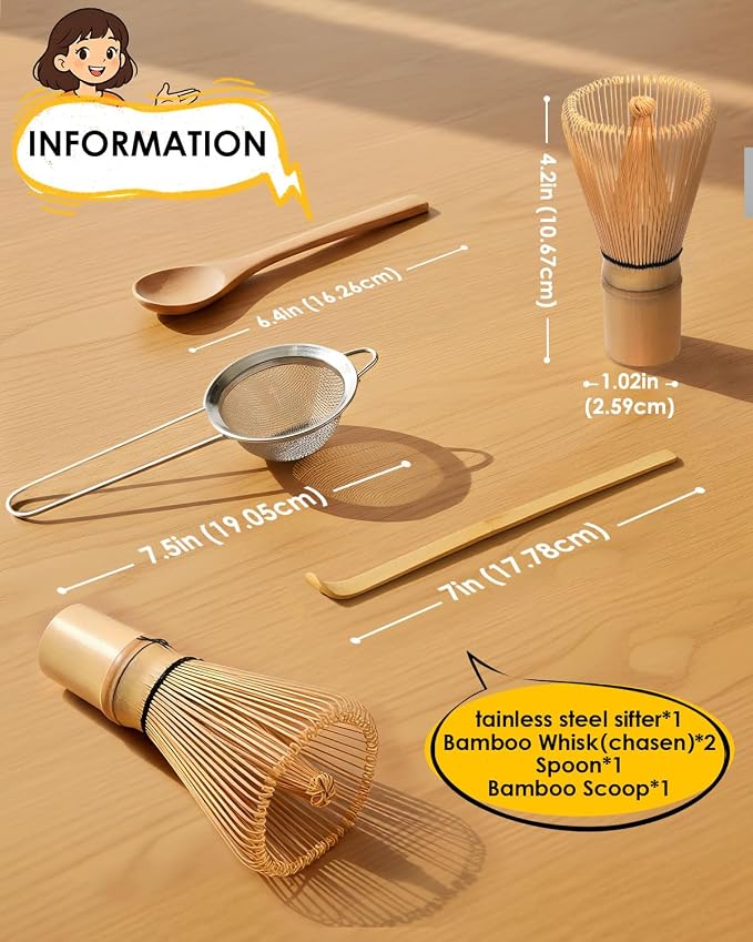 Bamboo Matcha Whisk Set with 2-pack Matcha Whisk, Sifter,Tea Scoop & Spoon | Handcrafted Traditional Japanese Chasen, Natural Bamboo Matcha Kit for Authentic Matcha Tea Preparation