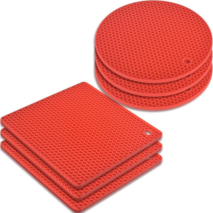 homEdge Silicone Square Trivets Mat, 6 Packs Multipurpose Non Slip Heat Resistant Pot Holder-Red