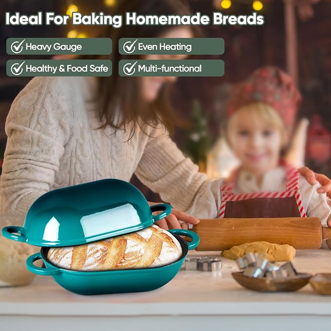 TeamFar Enameled Cast Iron Bread Loaf Pan, 2 QT Oval Dutch Oven with Lid | for Sourdough Bread Baking, Enameled Meatloaf Loaf Baking Pan with Lid, Even Heat Distribution & Self-Basting, Basil Green
