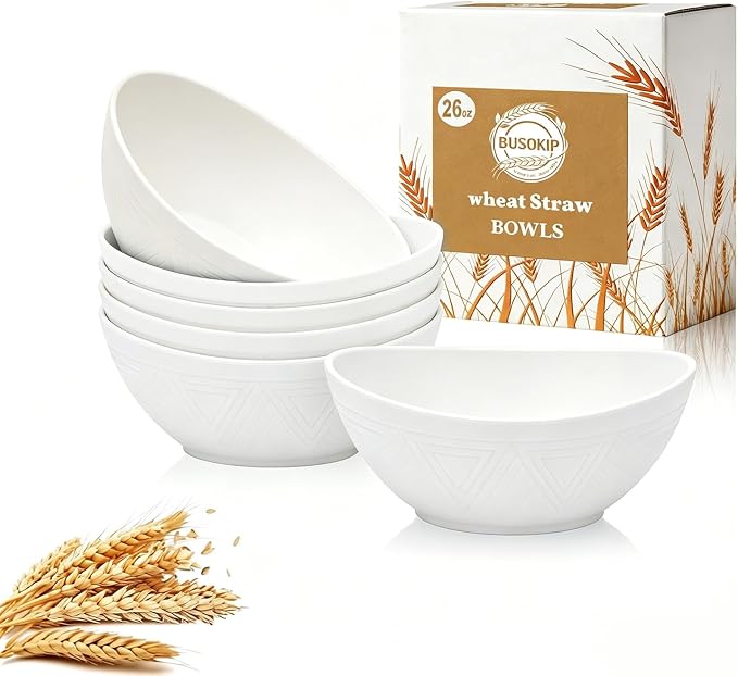 Soup Bowls Sets of 6, Unbreakable Wheat Straw Bowls 26oz, Oval Kitchen Bowls for Fruit, Ramen, Salad, Microwave and Dishwasher Safe Plastic Serving Bowls for Party, Apartment, Dorm - White