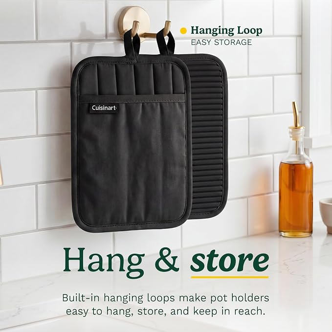 Cuisinart Silicone Pot Holders, Set of 2 7"x9", Heat Resistant 500F | Non-slip grip back is waterproof, hand pocket for secure hold, doubles as a trivet, wipe clean, hanging loop
