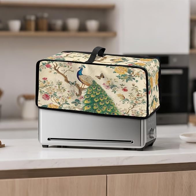 ZDCUSTOM Vintage Peacock Toaster Cover 2 Slice Branch Flower Toaster Covers Long Slot Slim Dust Protector Machine Washable Thin Small Appliance Covers for Kitchen Elegant