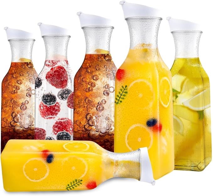Set of 6 Plastic Carafe with Lid, 50 Oz Carafes for Mimosa Bar Supplies, Square Base Juice Containers, Water Bottle, Milk Container, Clear Beverage Containers for Fridge