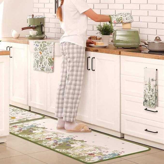 Fourluoo 16 Pcs Wildflower Floral Kitchen Decor Set Spring Kitchen Towels and Dishcloth Non Slip Rug Floor Mat Farmhouse Flower Oven Mitts and Pot Holder Retro Curtain Set for Home Decoration Gift