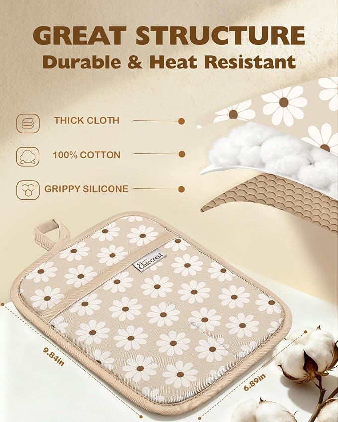 100% Cotton Potholders Textured Soft Silicone Grip Daisy Gingham | Stylish Pot Holders 2pcs, Machine Washable Non-Slip Heat Resistant Hot Pads & Oven Mitts 2-in-1, Practical Kitchen Decor