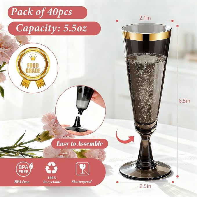 GuanQiao 40 Pack Plastic Champagne Flutes Black, Disposable Plastic Champagne Glasses with Gold Rim, Wine Glasses Cups for Wedding Celebration Birthday Party Wine Tasting New Years Eve Party Supplies