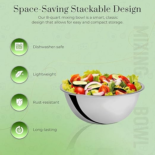 OCS Parts 8 Quart Stainless Steel Mixing Bowl | 13.25-Inch | Professional Grade Flat Base Mixing Bowl