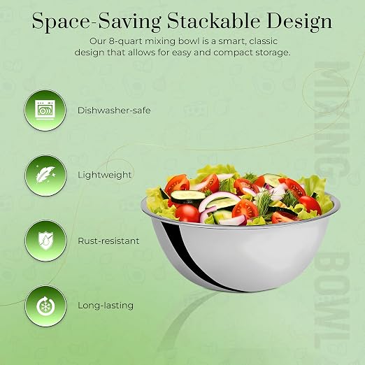 OCS Parts 4-Pack 8 Quart Mixing Bowls | 13.25-Inch Stainless Steel Bowls | Professional Grade Flat Base Mixing Bowls for Home and Commercial Kitchens