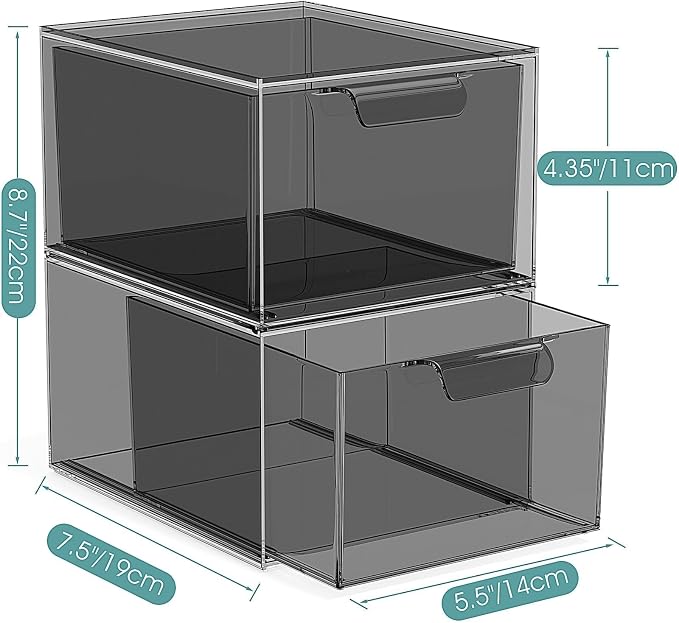 3 Pack Stackable Acrylic Makeup Organizer, Smoke Black Storage Drawers | Clear Plastic Drawer Organizers with Handles for Vanity, Bathroom, Bedroom, Cosmetics, Jewelry and Home Storage