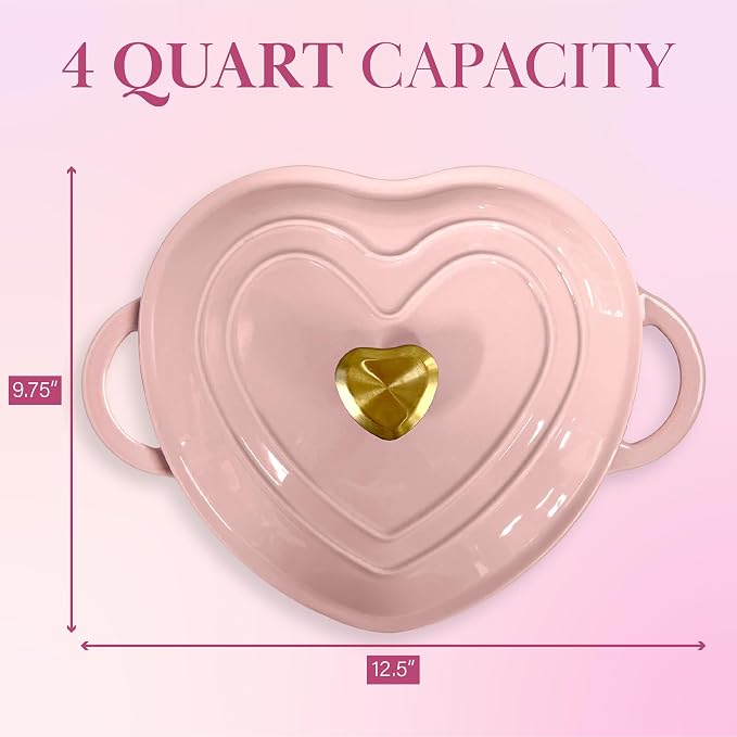 Paris Hilton Enameled Cast Iron Dutch Oven Pot with Lid, Heart-Shaped Dutch Oven, Durable Cast Iron Pot with Dual Handles, Oven Safe to 500°F, Works on All Stovetops, 4-Quart, Pink