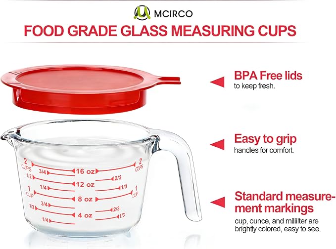 M MCIRCO 6 Pcs Glass Measuring Cups with Lids Set, 1-Cup, 2-Cup, 4-Cup Measuring Jugs with Handle, Nesting Liquid Measuring Cups for Kitchen