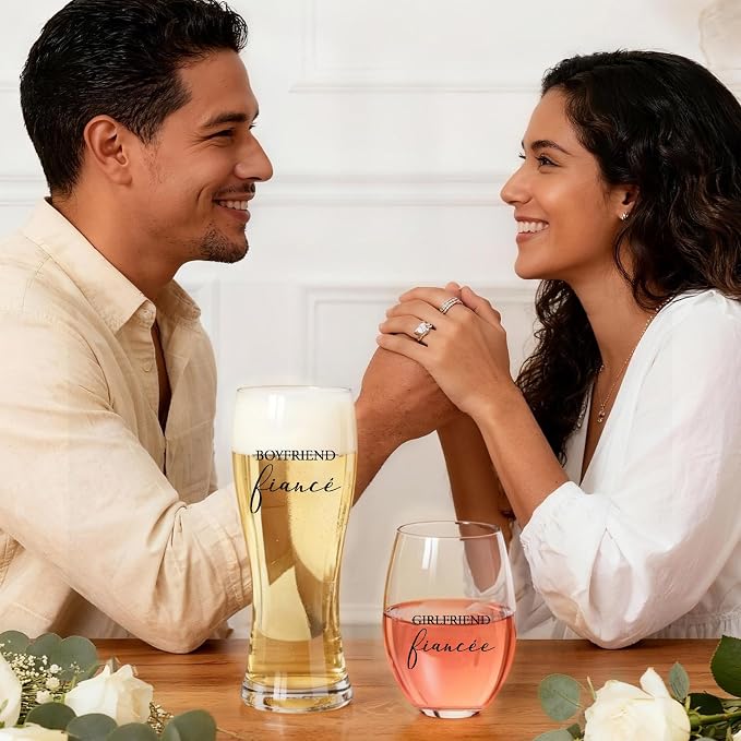 AW BRIDAL Fiance Wine Glasses and Beer Mug Set with Wine Stopper for Couple | Engagement Gifts for Women, Newly Wed Gift for the Couple 2026, Engaged Wine Glasses for Bride to Be, Fiance Fiancee Gift