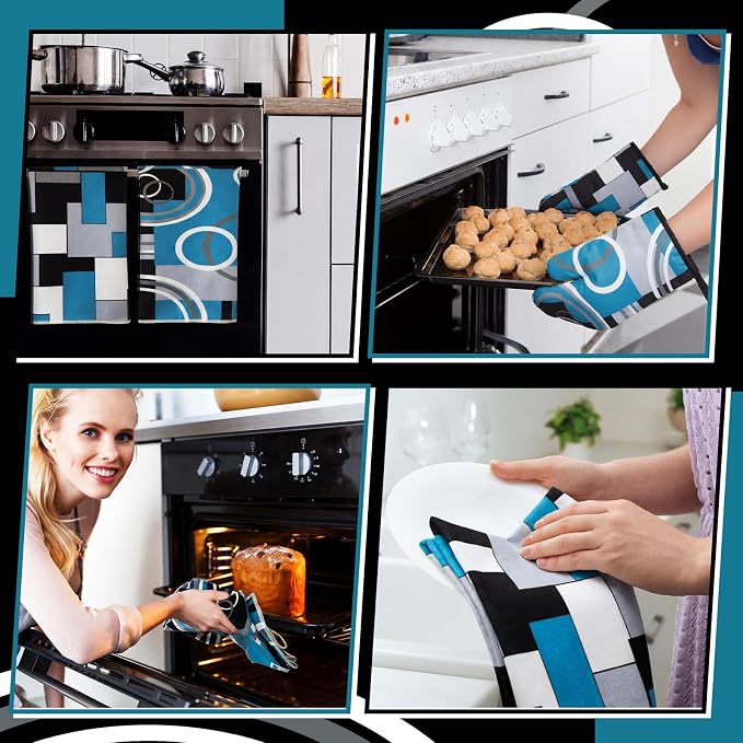 Jingmore 6 Pcs Kitchen Decor Set Accessory Farmhouse Kitchen Towels Pot Holders Oven Mitts Set 2 Dish Towels 2 Pot Holders 2 Cooking Mittens Oven Glove for Cooking(Teal,White, Gray,Geometric)