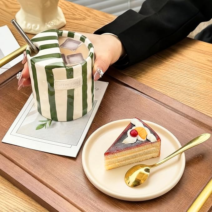 1 Pack Ceramic Mug with Sip Hole, Simple, Green | 10oz Ceramic Coffee Cup with Straws, Retro Hand Painted Striped, for Iced Coffee Tea Latte Espresso, Kitchen Dining Travel