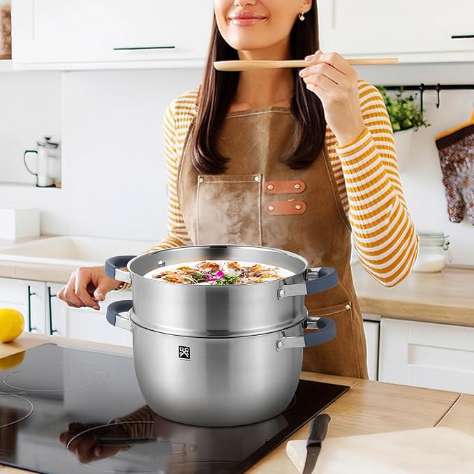 GOLDEN KEY 5.6 QT Steamer Pot with Lid,2-Tier Multipurpose 18/8 Steamer for Cooking with Vegetable Steam Basket for Vegetable,Soup, Seafood,Dumplings,Oven & Dishwasher Safe