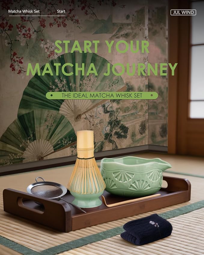 Matcha Whisk Set, Ceramic Matcha Set Includes Matcha Bowl and Matcha Whisk | Holder, Spout, Bamboo Scoop, Sifter and Tea Towel - 6 Pcs Matcha Kit Gift for Matcha Lovers Beginners