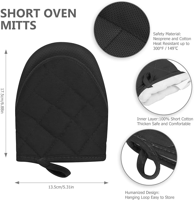 1 Pair Short Oven Mitts - Silicone Kitchen Oven Gloves High Heat Resistant 500℉, Mini Oven Mits with Non-Slip Grip Surfaces and Hanging Loop for BBQ, Baking, Cooking and Grilling (Black)