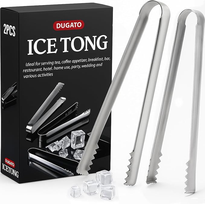 Cocktail Ice Tongs 6.3 in, Stainless Steel with Grip Teeth, 2-Pack | Compact Handheld Size, Food-grade Serving Tool for Ice Buckets & Drink Stations, Olives & Garnishes