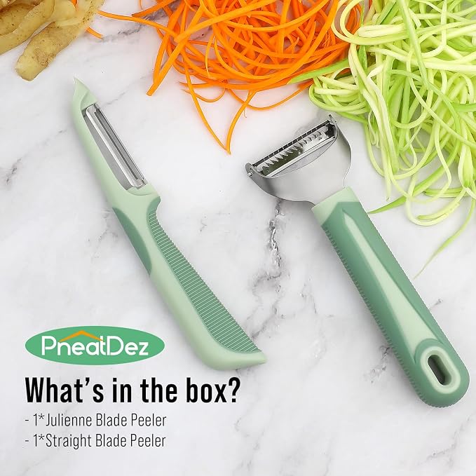 Julienne Peeler Vegetable Peeler with 4.8'' Long Silicone Handle | Non-slip grip & sharp blade; Y carrot shredder -strips for salads & meal prep; Potato peeler -ordinary peeling; 2 Pack; Green