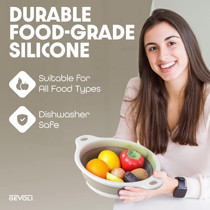 Gevoli Collapsible Colanders (3 Pack Set) Food Strainers with Over-Sink Water Draining Base for Pasta Fruits and Vegetables, White/Beige (3 Sizes, 3QT, 4QT and 5 Quart)