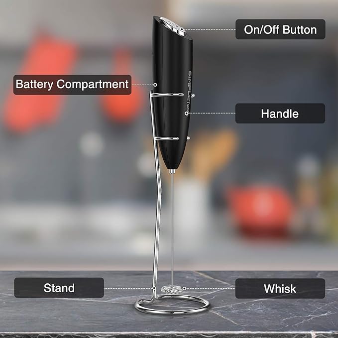 SIMPLETASTE Milk Frother Handheld Electric Foam Maker Battery Operated | Drink Mixer with Stainless Steel Whisk for Cappuccino, Bulletproof Coffee, Latte, Black, with Stand