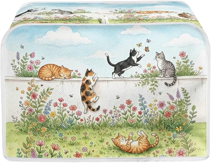 Cat Flower Print Bread Machine Cover 2 Slice Wide Slot Toaster Oven Dust Covers Anti Fingerprint Protective Cover for Kitchen
