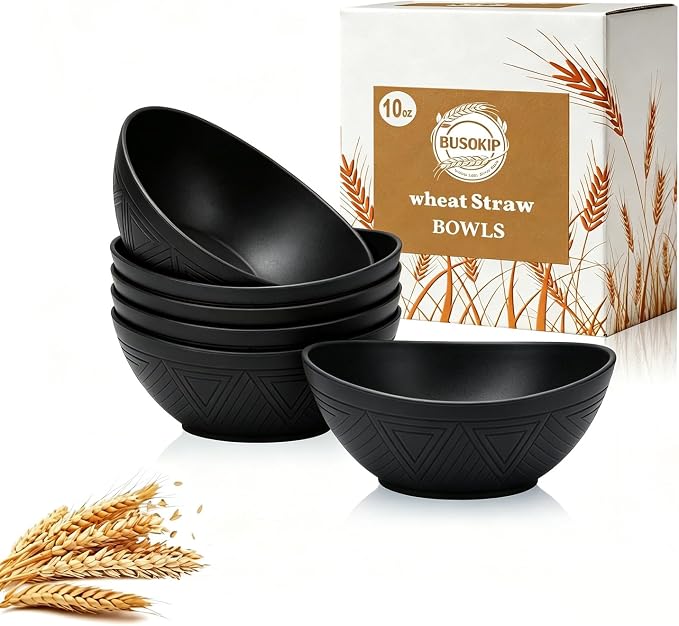 10oz Small Bowls, Unbreakable Wheat Straw Bowls Set of 6, Mini Bowl for Breakfast, Snack, Dessert, Salsa, Microwave Safe Plastic Bowls for Party, Camping, Picnic - Black