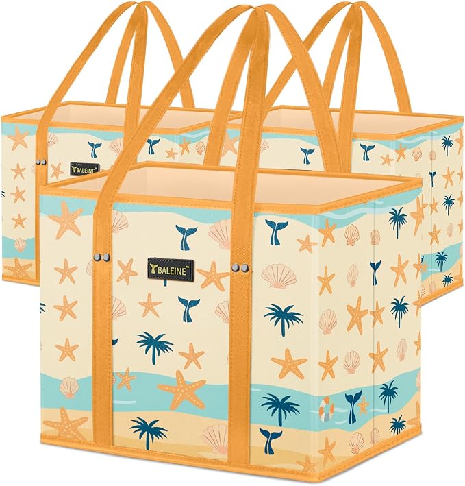BALEINE 3PK Reusable Grocery Bags, Heavy Duty Shopping Tote Bag | 12'' Long Handles, Reinforced Bottom Keeps Upright, Fold Flat Storage, Water-Resistant Shopping Bag, Multiple Color Options