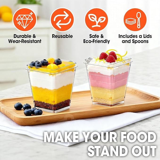 150 Set 5 oz Plastic Dessert Cups with Lids and Spoons, Yogurt Parfait Appetizer Cup with Lids for Party, Disposable Square Mini Dessert Shooters for Pudding, Fruit and Ice Cream