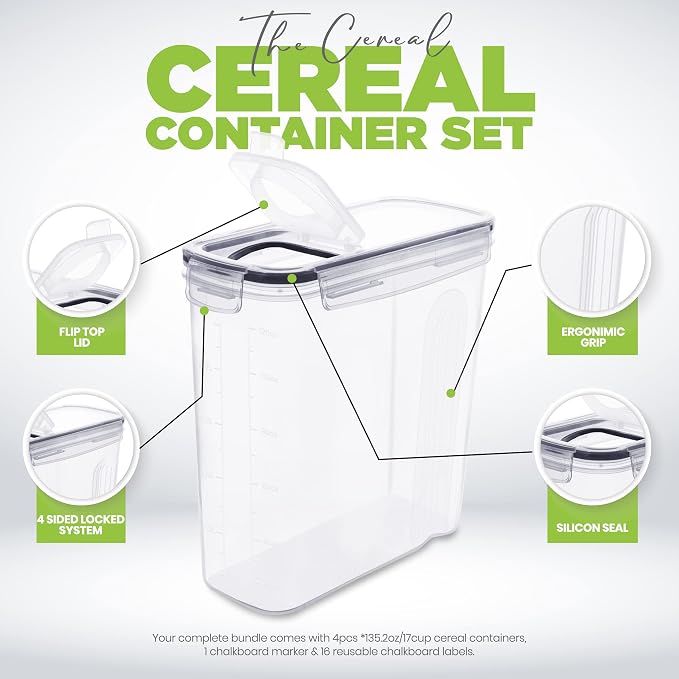Utopia Kitchen Cereal Containers Storage Set, 2 Pack, 4L, Clear | Airtight Food Storage Containers with Lids, BPA-Free Cereal Dispensers for Pantry Organization and Storage