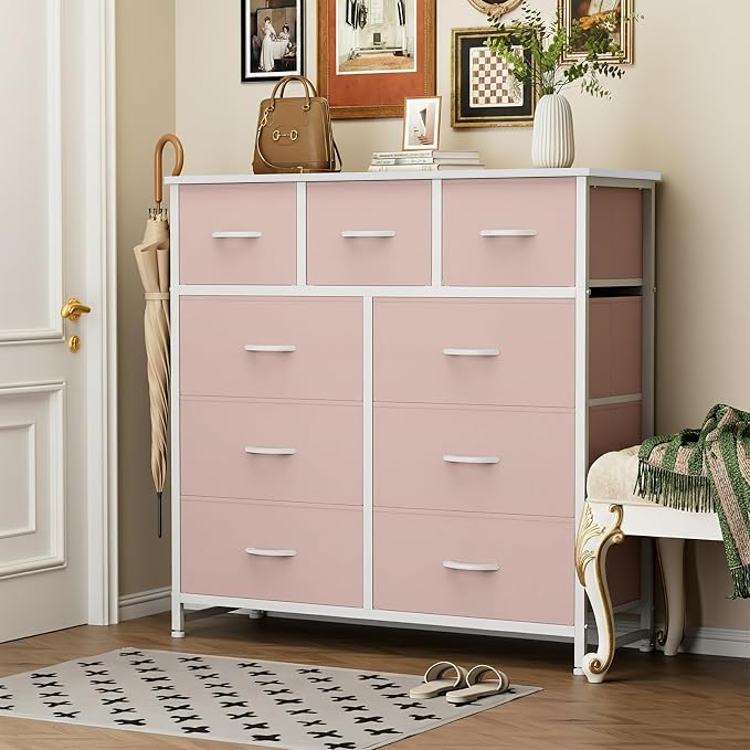 Sweetcrispy 9 Drawer Fabric Dresser Storage Tower Drawer Organizer, Pink | Sturdy Steel Frame with Wood-top, Easy-pull Handles, Space-Saving Organizer Chest for Girls Bedroom, Closet, Lightweight