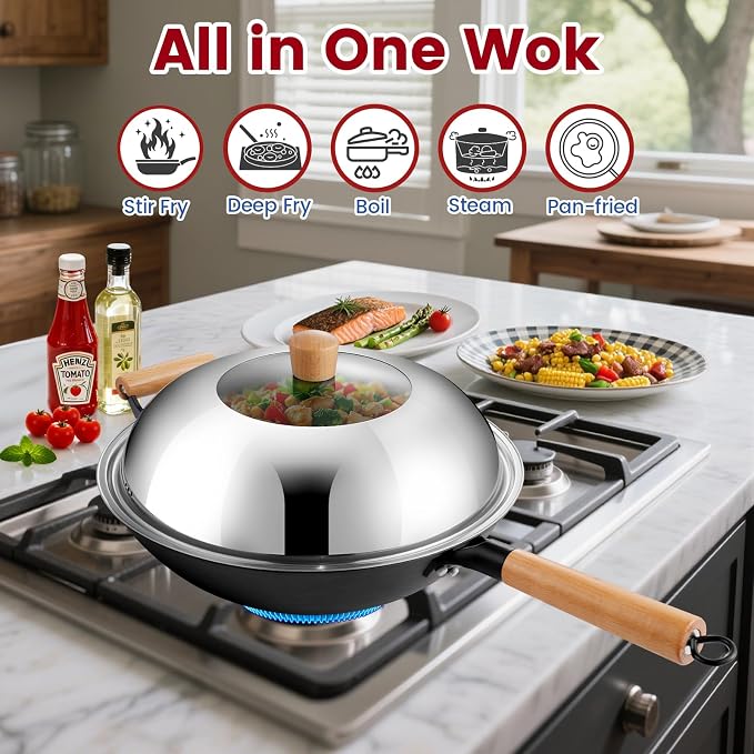 AOSION 13'' Nonstick Wok, Cast Iron Wok with Lid, Wok Pan & Stir-Fry Pans | Chinese Woks Pan With Lid