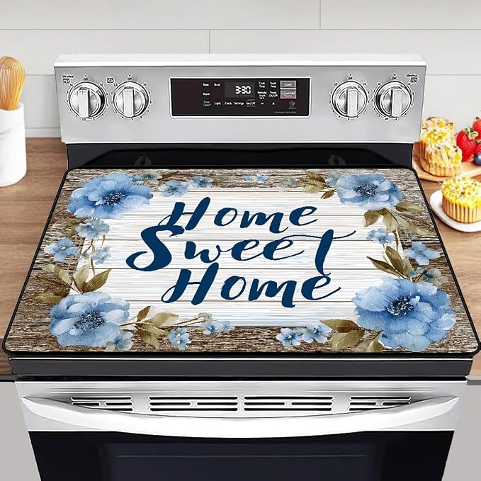 Vintage Wood Grain Stove Top Covers for Electric Stove - Home Sweet Home - Electric Stove Top Cover Protector,Retro Floral Stove Mat Protector,Heat Resistant Cooktop Stovetop Cover