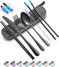 Travel Utensils Set with Case Reusable Portable Cutlery Set Stainless Steel 8pcs Including Dinner Knife Fork Spoon Chopsticks straws(Black) | Dishwasher Including Dinner Knife Fork Spoon Chopsticks Straws Travel Fork Spoon Knife for Work, School, Campi...