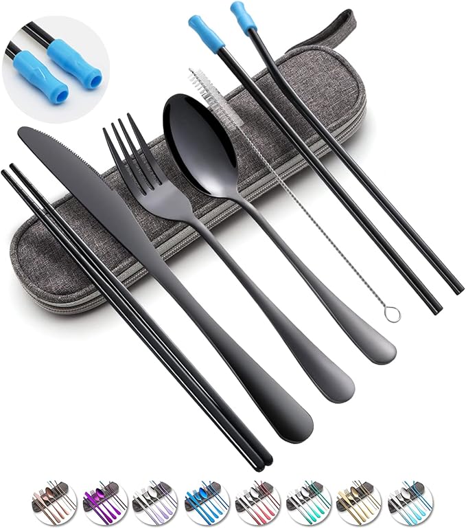 Travel Utensils Set with Case Reusable Portable Cutlery Set Stainless Steel 8pcs Including Dinner Knife Fork Spoon Chopsticks straws(Black) | Dishwasher Including Dinner Knife Fork Spoon Chopsticks Straws Travel Fork Spoon Knife for Work, School, Campi...