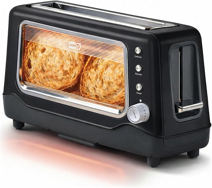 Dash Clear View Toaster | 10" Long Slot 2 Slice Toaster with See-Through Glass Window, 7 Browning Levels, Bagel, Defrost & Reheat Functions, Removable Glass Panel, Crumb Tray, Black