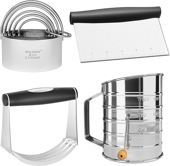 HULISEN 5-Pc Biscuit Cutters, Flour Sifter, Pastry Scraper, Dough Blender | Stainless Steel, Dishwasher Safe, Etched inch/cm Markings, Gift Package, Ergonomic Rubber Grip, Professional Baking Tools